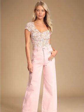 Lulu's Pink Floral Sweetheart Cap-Sleeve Bodysuit